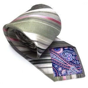 Ted Baker London Tie Men's Gray Khaki Pink Striped Paisley Pin Up Necktie 60"